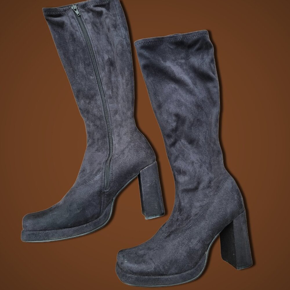 Vintage 90s Y2K Black Chunky Heel Knee High Boots US Size 8 Stretchy Faux Suede
